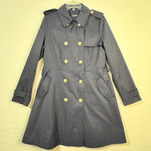 Ralph Lauren Double Breasted Water-Repellent Trench Coat Deep Navy Size Large - Picture 1 of 10